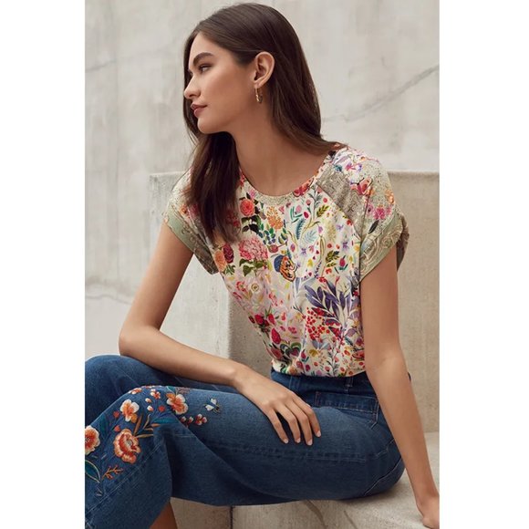 Johnny Was Short Sleeve Floral Flower Pink Filomena Beige Shirt Tee Top XXL New - Picture 1 of 5